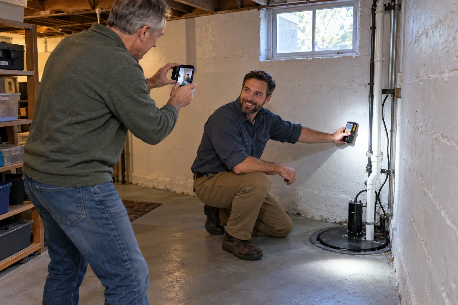Friendly provider checking a basement wall with a moisture meter in a Dayton home