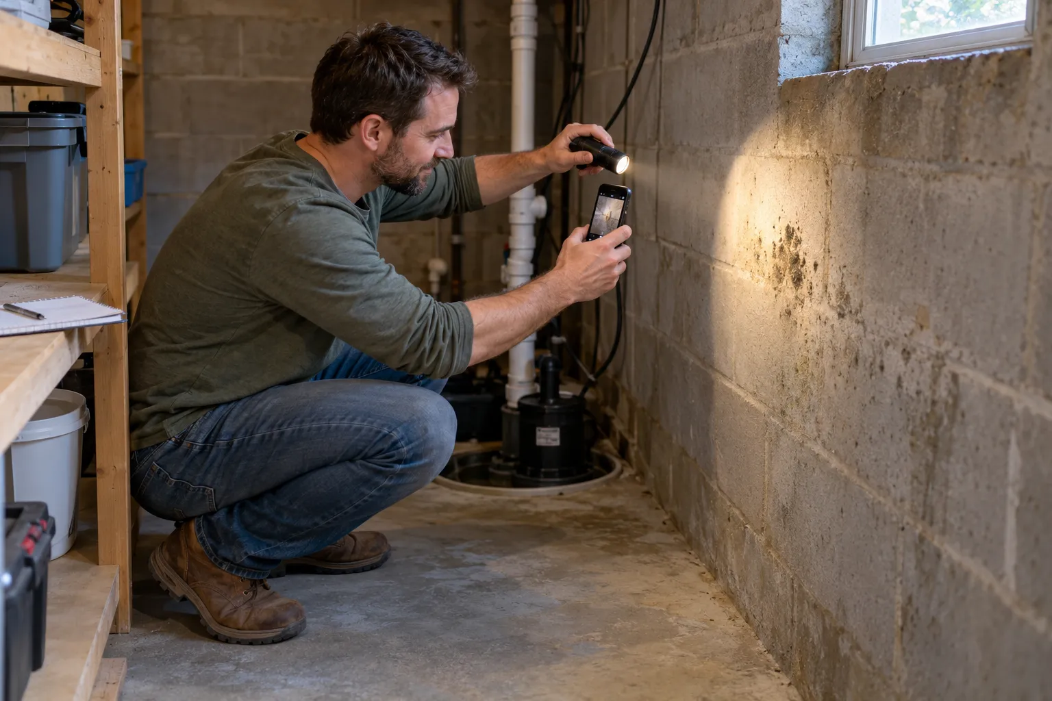 Homeowner photographing a patch of mold on a basement wall with a phone in a Dayton home